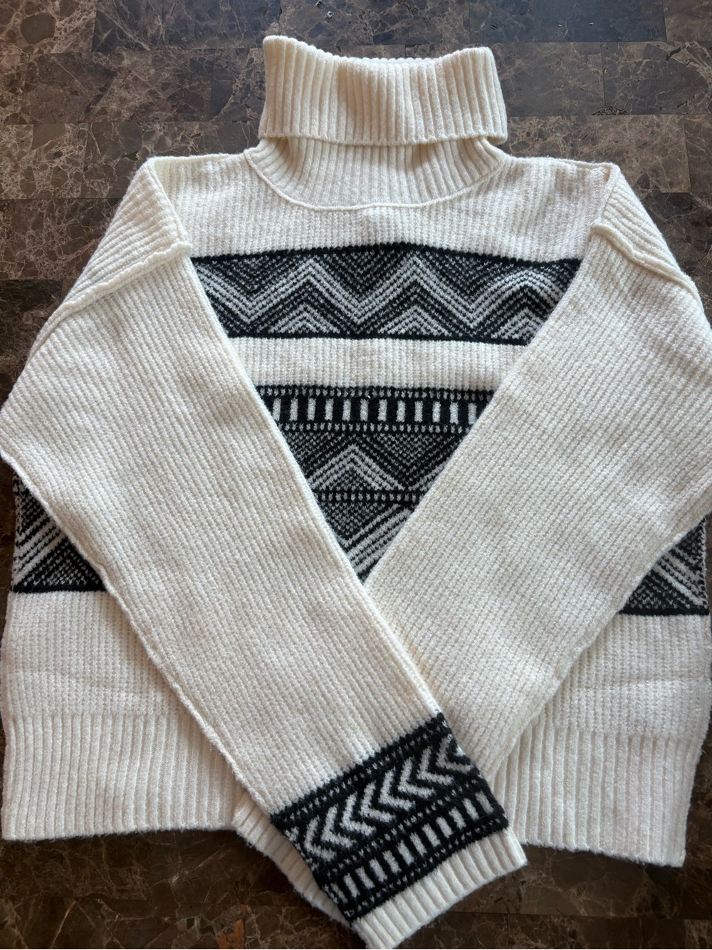 Pink Rose Cream Turtleneck Sweater with Black Geometric Stripes - Picture 2 of 9